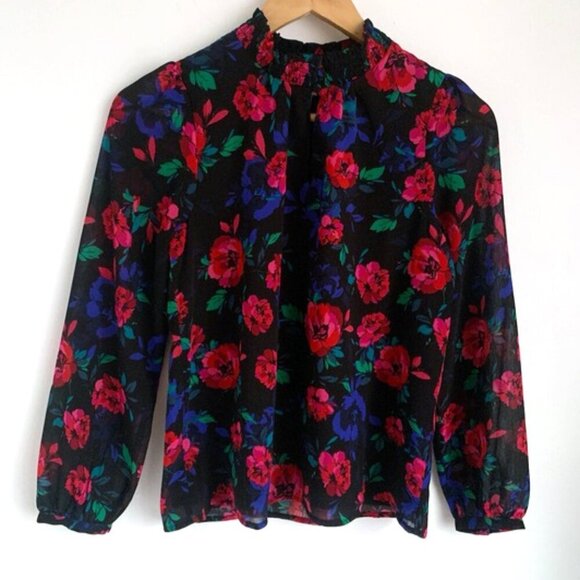 J.Crew Smocked Neck Floral Long Sleeve Blouse - Picture 4 of 8